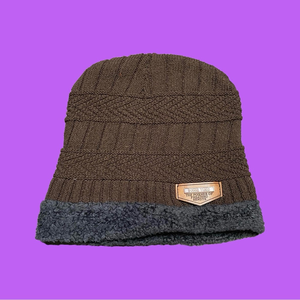 Brown Knit Beanie with Gray Trim